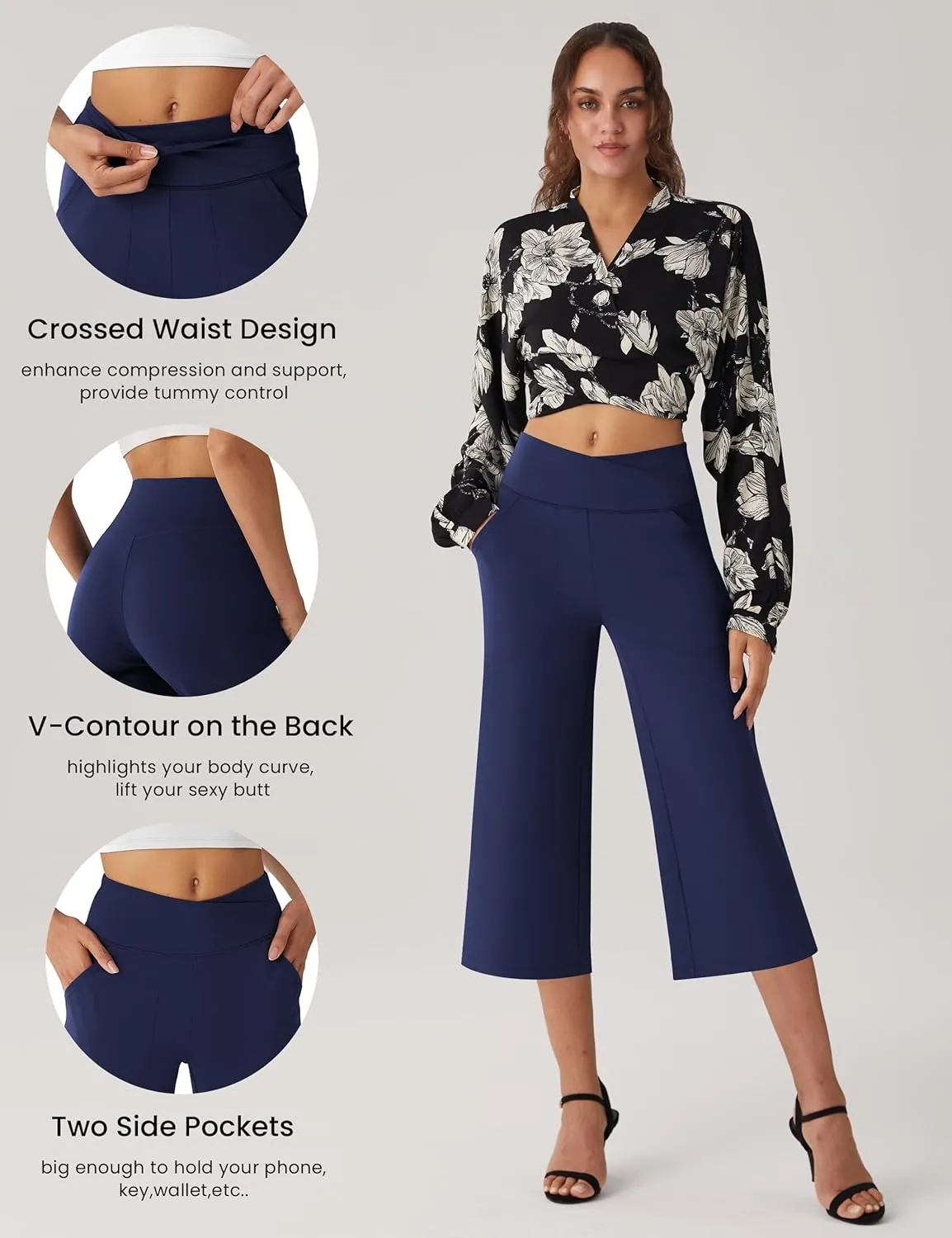 Women's Capri Pants High Waist Yoga Capri with Pockets Crossover Casual Crop Capris Pants