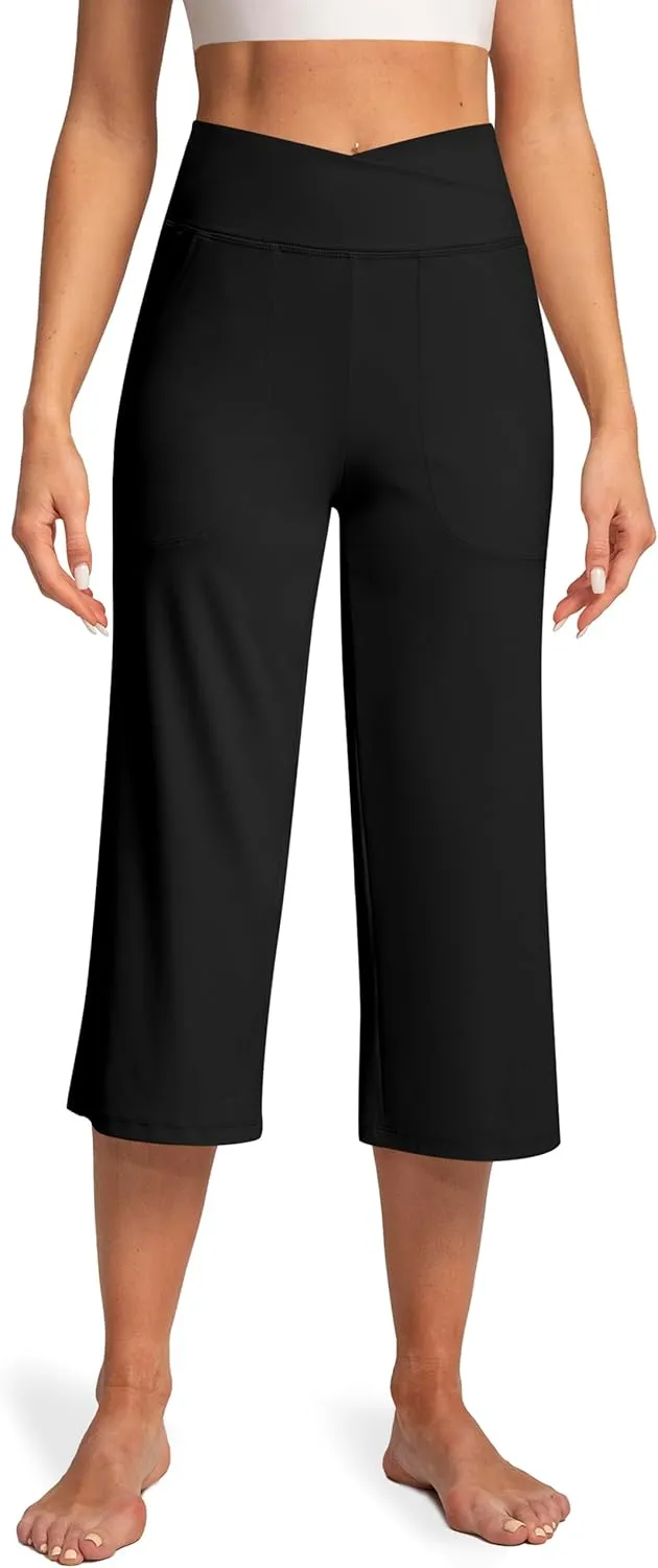 Women's Capri Pants High Waist Yoga Capri with Pockets Crossover Casual Crop Capris Pants