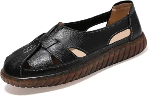 Women's Casual Bohemia Leather Fisherman Sandals,Flat Hollow Closed Toe Mary Jane Sandal,Summer Comfortable Soft Sole Non-Slip Slip On Loafer