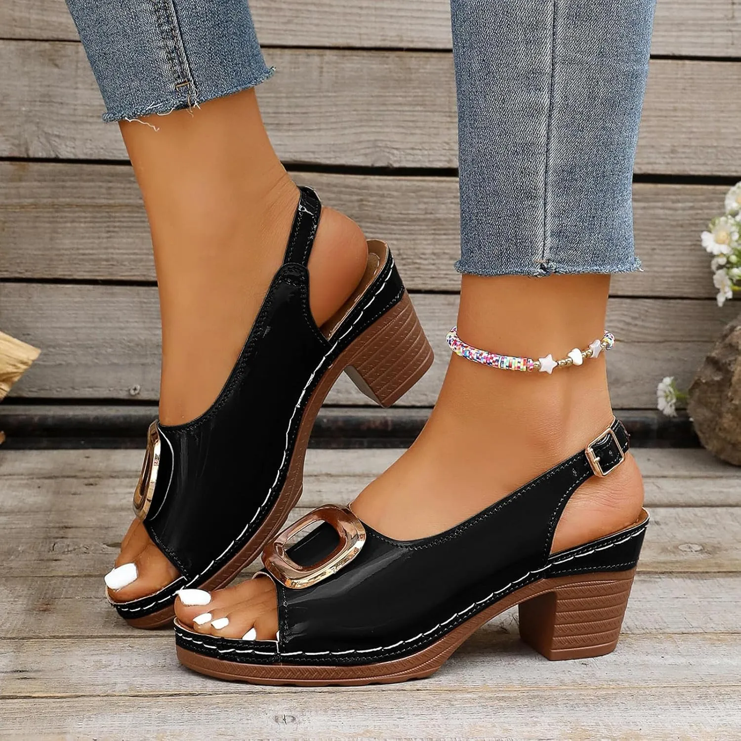 Women's Casual Thick Heel Fish Mouth Thick Sole Women's Slippers Fashionable Open Toe Tan Sandals for Women Low
