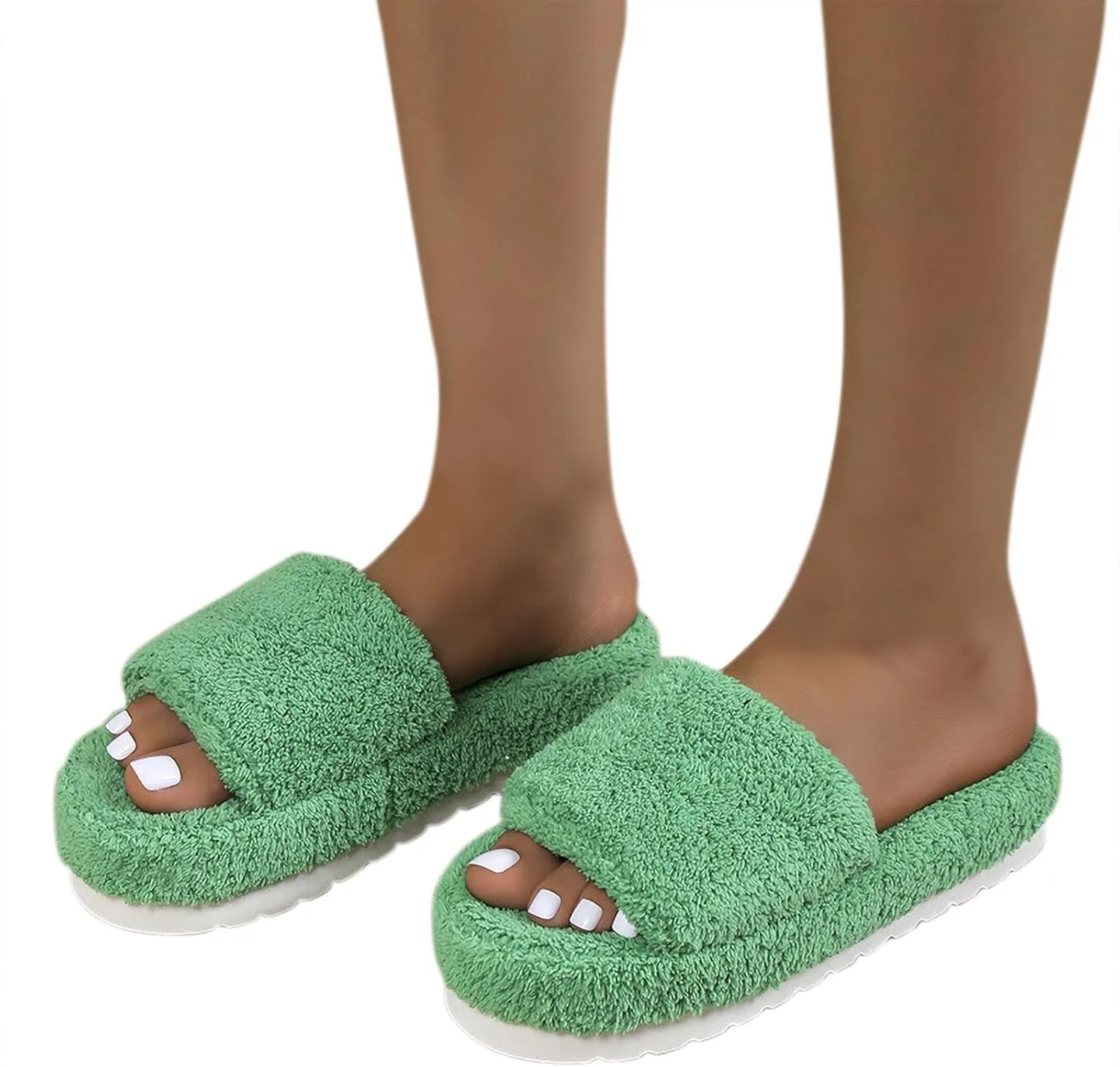 Women's Chunky Fluffy Solid Sandal Slip on Open Toe Lounge Slide Comfy Soft Summer Slipper Anti-Slip Platform Flat