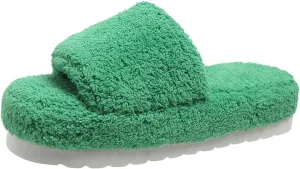 Women's Chunky Fluffy Solid Sandal Slip on Open Toe Lounge Slide Comfy Soft Summer Slipper Anti-Slip Platform Flat