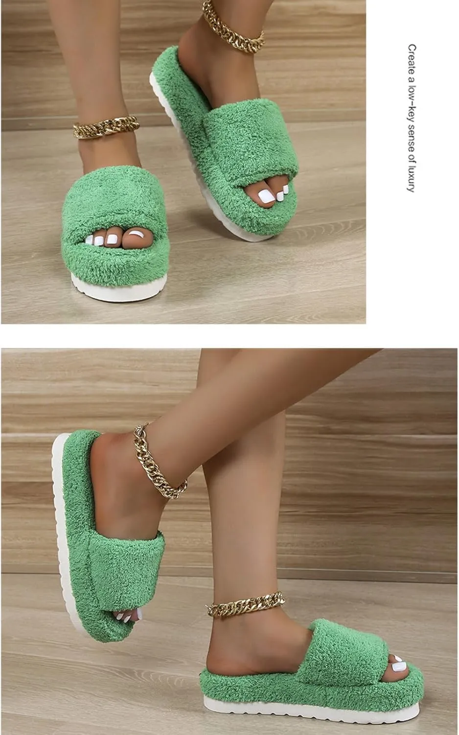 Women's Chunky Fluffy Solid Sandal Slip on Open Toe Lounge Slide Comfy Soft Summer Slipper Anti-Slip Platform Flat