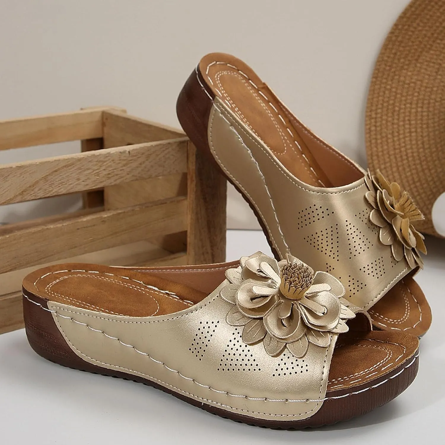 Women's Floral Embellished Wedge Slipper Orthopedic Solid Open Toe Sandal Platform Arch Support Slide Slip on Sandals