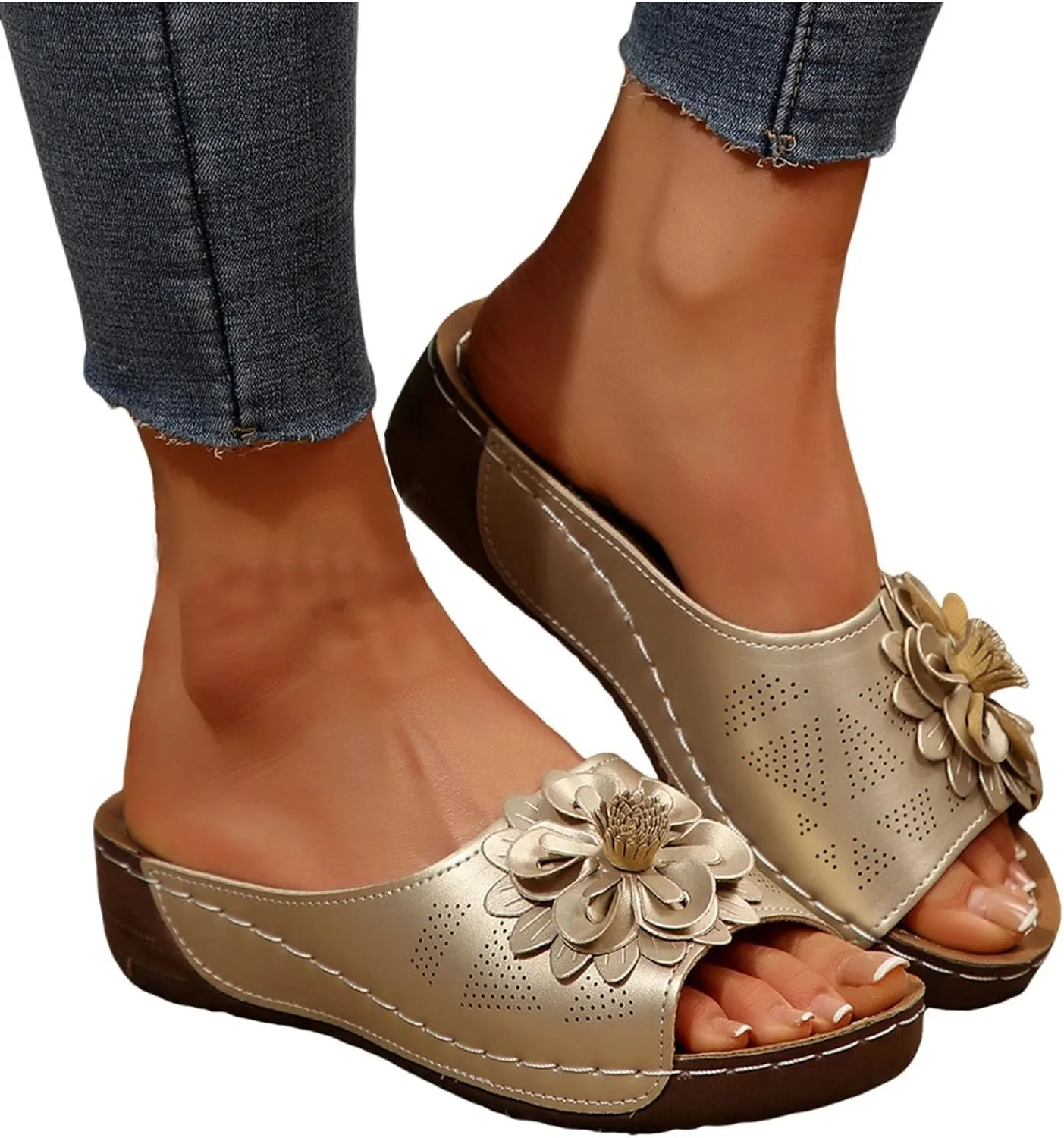 Women's Floral Embellished Wedge Slipper Orthopedic Solid Open Toe Sandal Platform Arch Support Slide Slip on Sandals