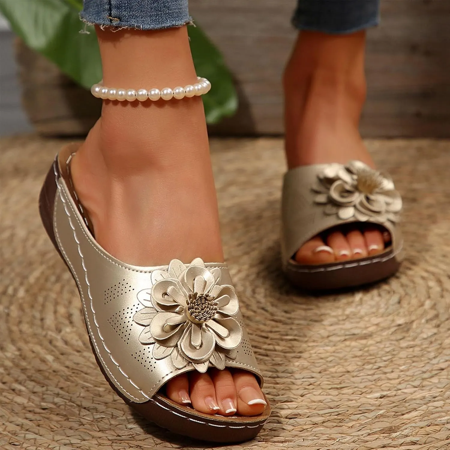 Women's Floral Embellished Wedge Slipper Orthopedic Solid Open Toe Sandal Platform Arch Support Slide Slip on Sandals