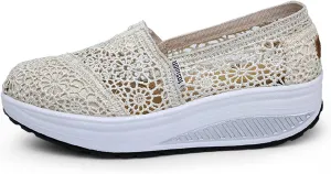 Women's Floral Embroidery Lace Mesh Air Cushion Sneakers,Comfortable Orthopedic Diabetic Walking Toning Shoes Breathable Slip On Platform Loafers Casual Fashion Rocker Shoes