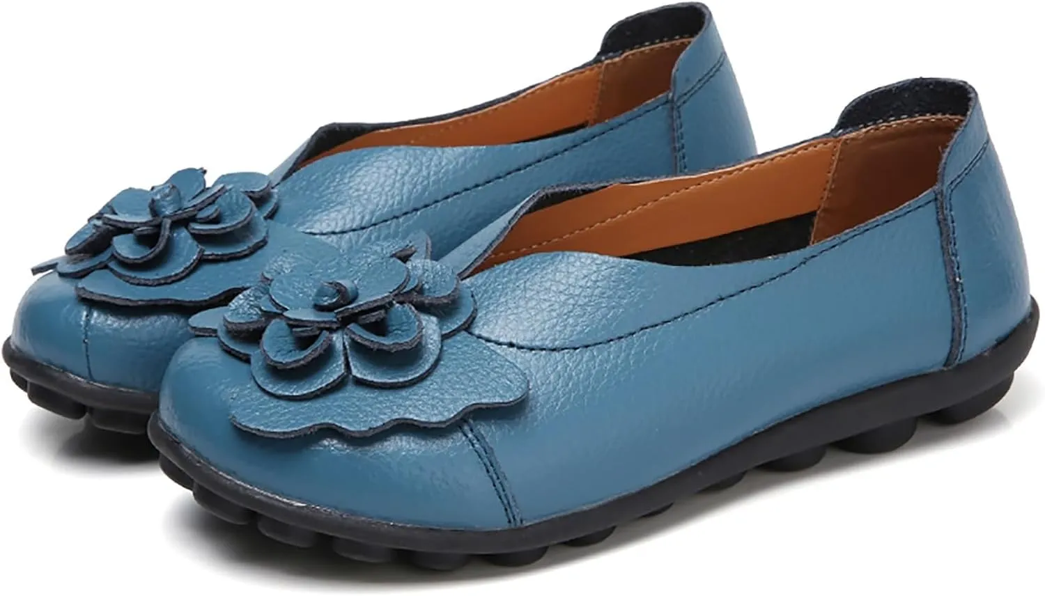 Womens Genuine Leather Loafers Wide Width Slip on Casual Round Toe Moccasins Driving Flats Lightweight Mom Nurse Walking Shoes
