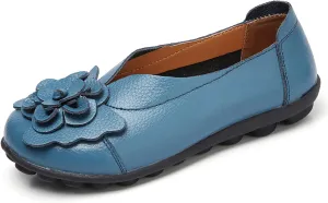 Womens Genuine Leather Loafers Wide Width Slip on Casual Round Toe Moccasins Driving Flats Lightweight Mom Nurse Walking Shoes