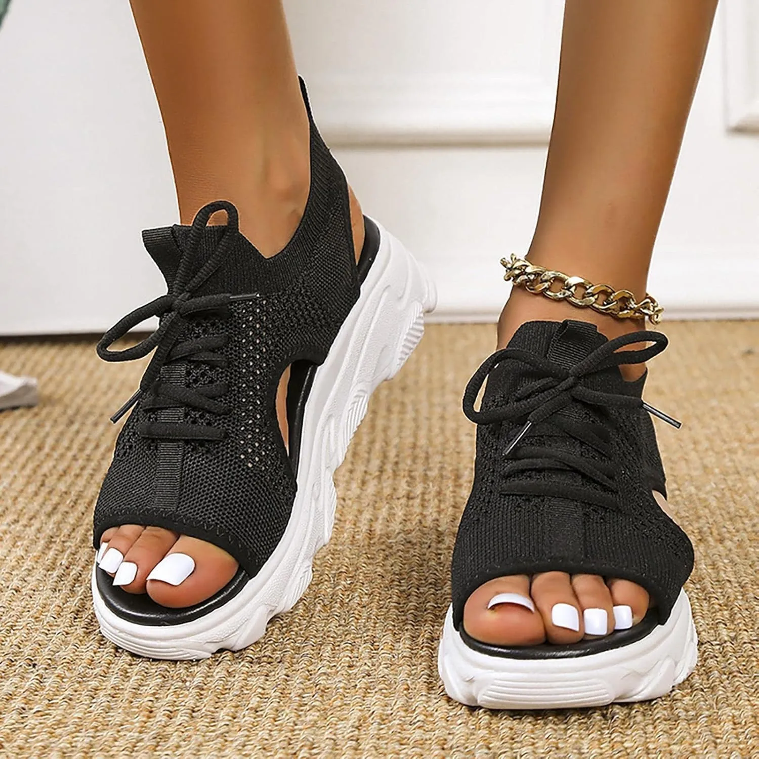 Women's Lace Up Muffin Sandals 2025 Summer Mesh Open Toe Platform Wedge Sandals Casual Thick Soled Beach Comfy Sports Sandals