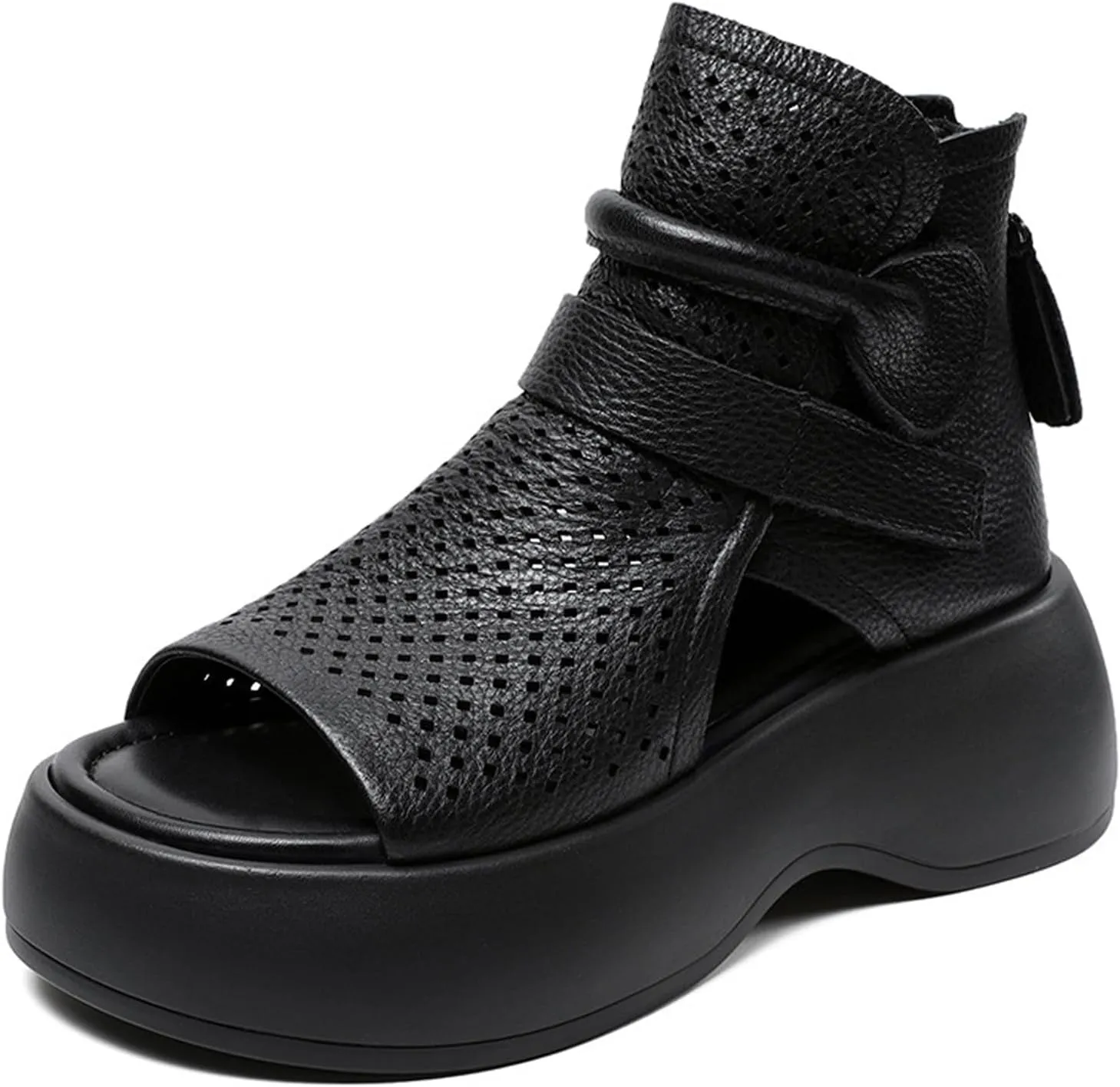 Women's Leather Hollow Platform High Top Sandals Open Toe Non-Slip Back Zipper Gladiator Sandals Summer Outdoor Casual Roman Beach Sandals