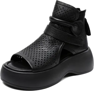 Women's Leather Hollow Platform High Top Sandals Open Toe Non-Slip Back Zipper Gladiator Sandals Summer Outdoor Casual Roman Beach Sandals