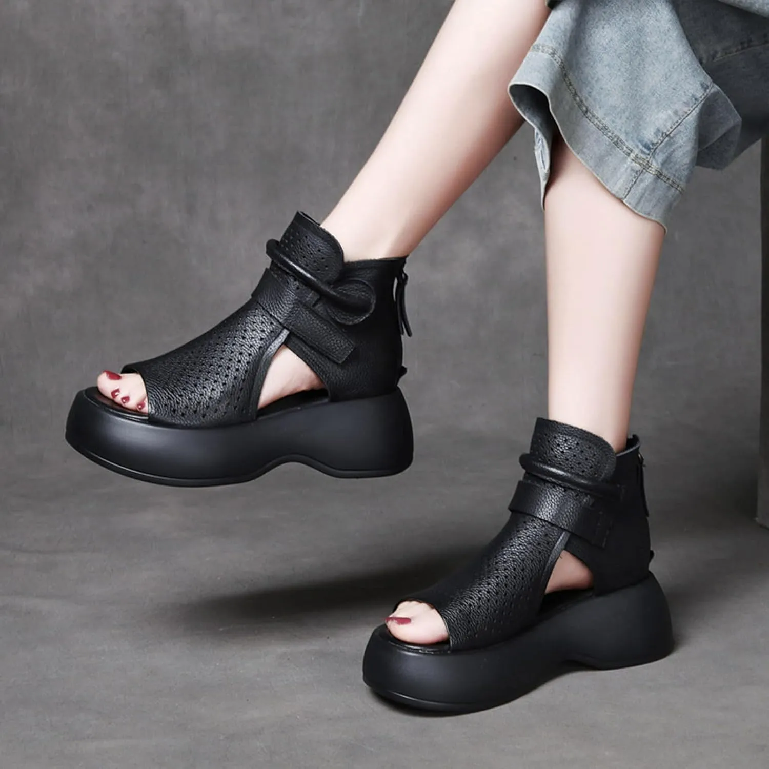 Women's Leather Hollow Platform High Top Sandals Open Toe Non-Slip Back Zipper Gladiator Sandals Summer Outdoor Casual Roman Beach Sandals