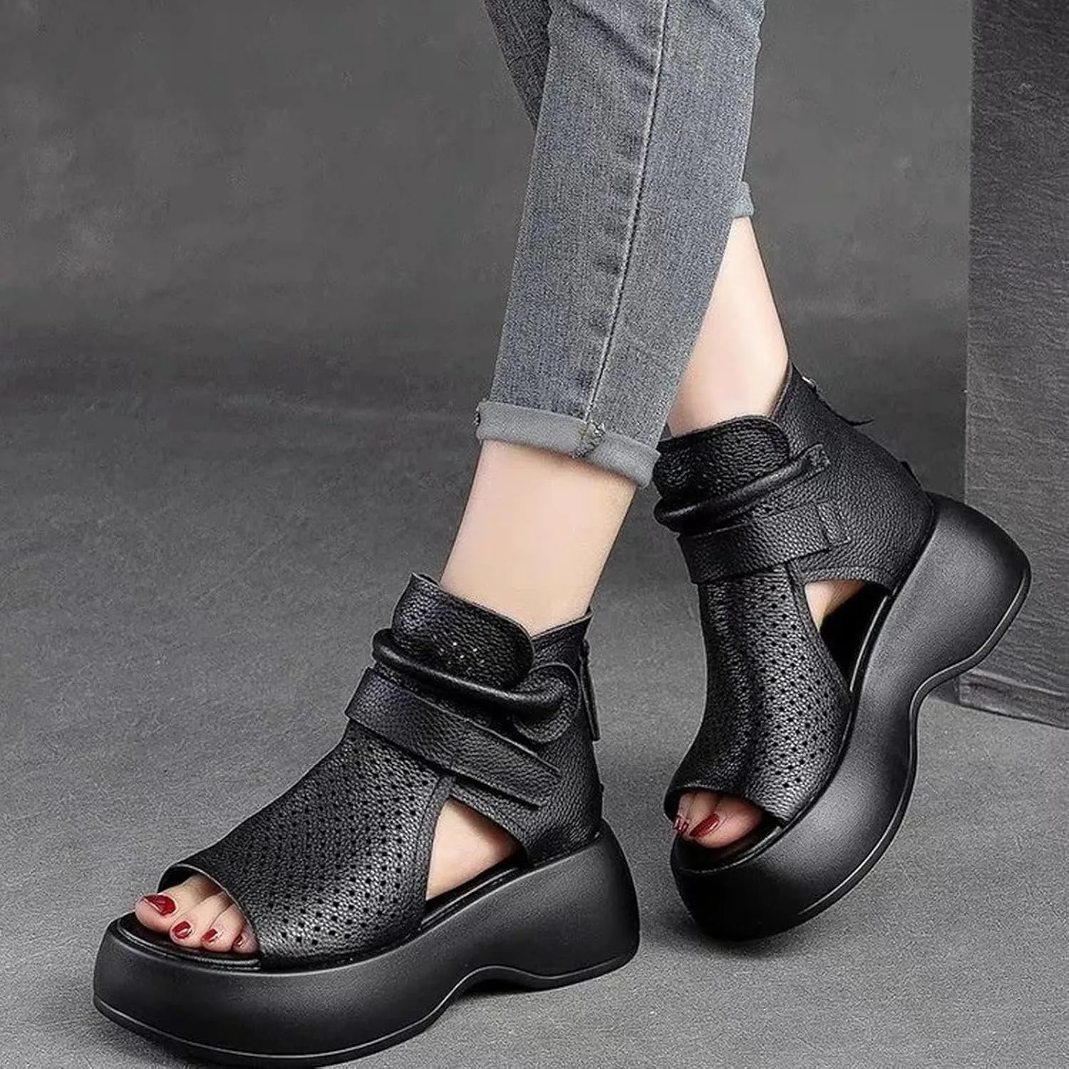 Women's Leather Hollow Platform High Top Sandals Open Toe Non-Slip Back Zipper Gladiator Sandals Summer Outdoor Casual Roman Beach Sandals