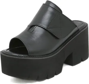Women's Leather Platform Block Heel Slip On Sandals Round Open Toe Lug Sole Chunky Heel Fashion Slides Sandals for Party Evening Dating Slippers