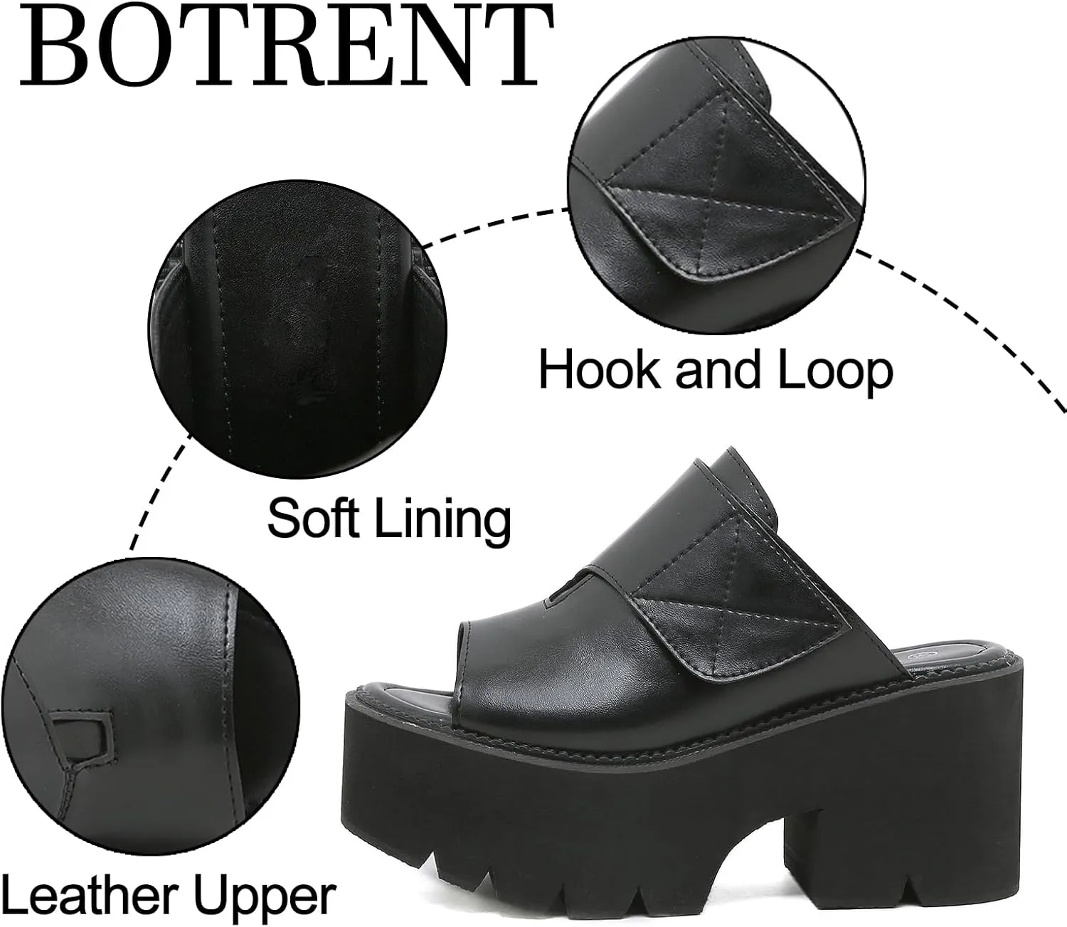 Women's Leather Platform Block Heel Slip On Sandals Round Open Toe Lug Sole Chunky Heel Fashion Slides Sandals for Party Evening Dating Slippers