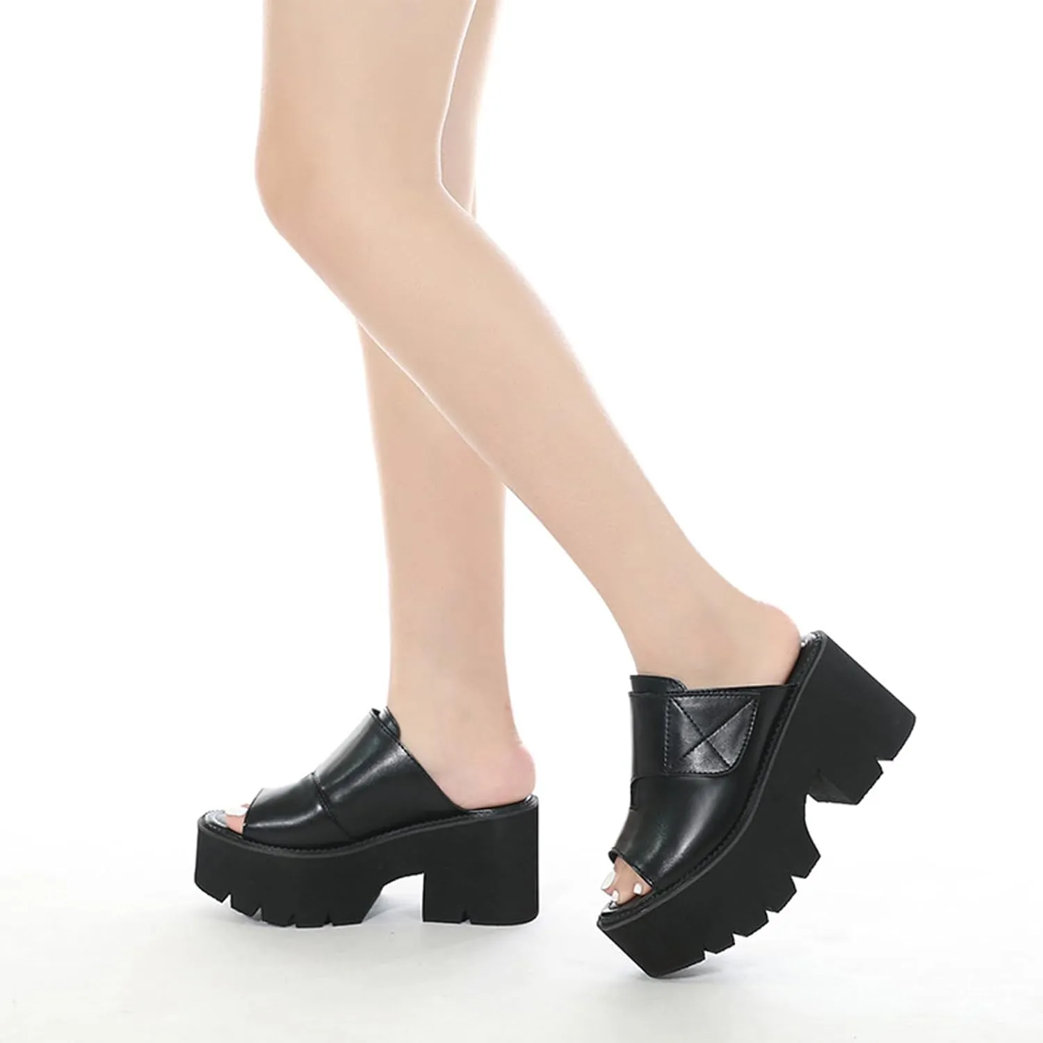 Women's Leather Platform Block Heel Slip On Sandals Round Open Toe Lug Sole Chunky Heel Fashion Slides Sandals for Party Evening Dating Slippers