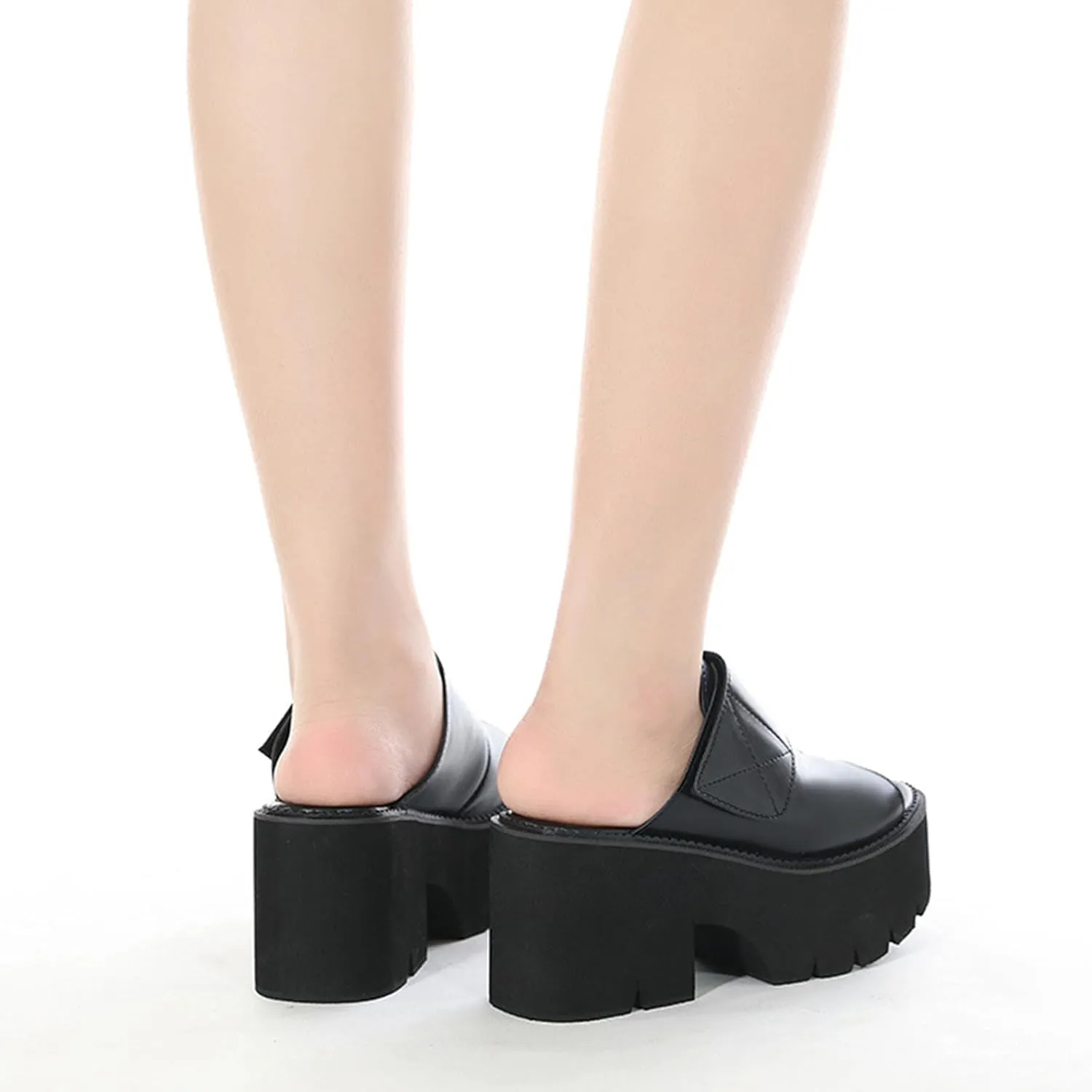 Women's Leather Platform Block Heel Slip On Sandals Round Open Toe Lug Sole Chunky Heel Fashion Slides Sandals for Party Evening Dating Slippers