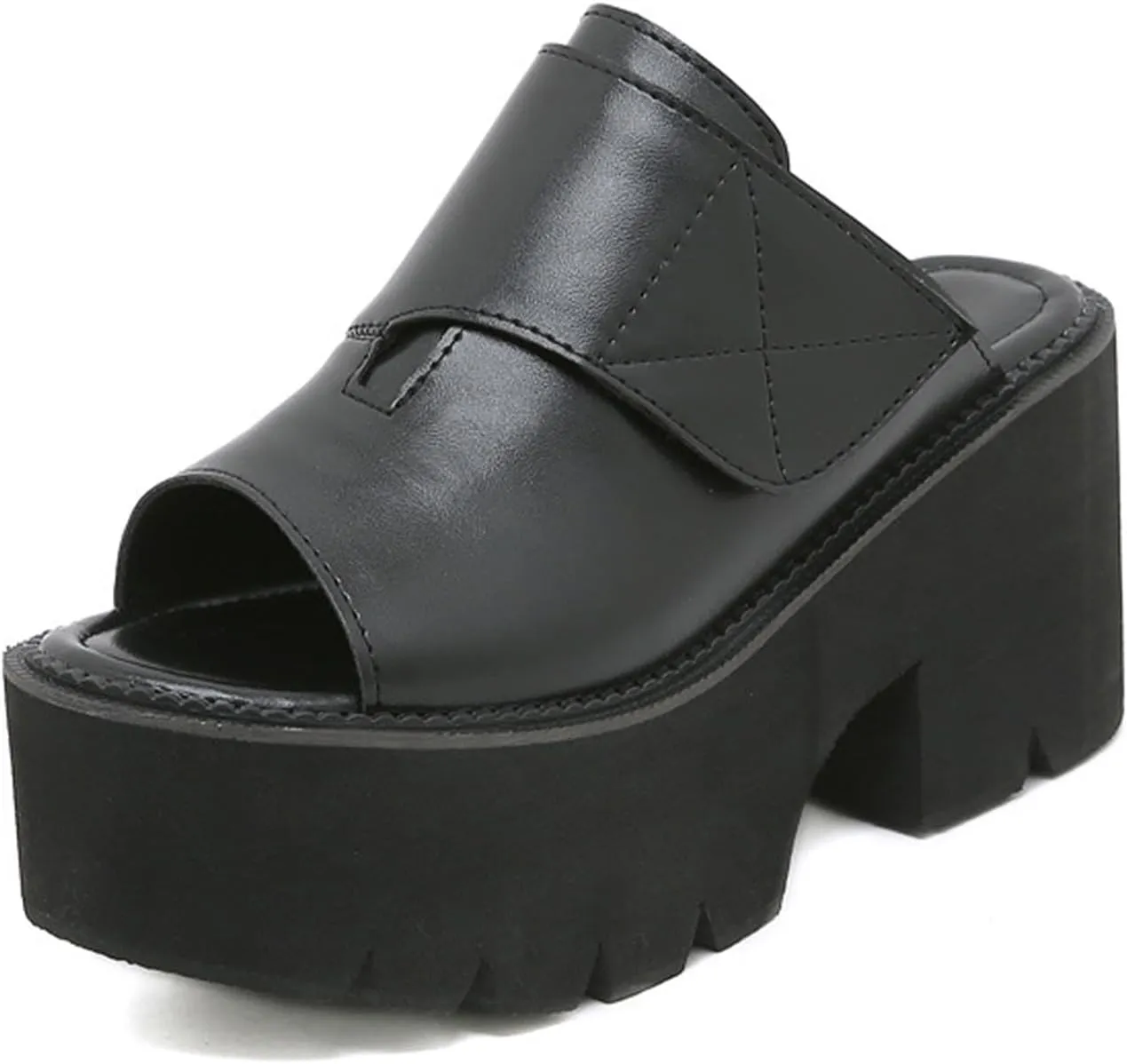Women's Leather Platform Block Heel Slip On Sandals Round Open Toe Lug Sole Chunky Heel Fashion Slides Sandals for Party Evening Dating Slippers