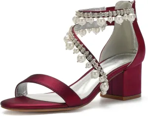 Women's Low Block Heel Sandals Chunky Ankle Strap Satin Pearl Wedding Shoes for Bride Low Heels Formal Prom Party Dress Shoes Comfortable Pump Sandals