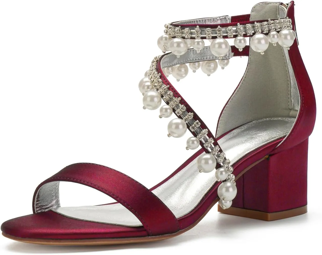 Women's Low Block Heel Sandals Chunky Ankle Strap Satin Pearl Wedding Shoes for Bride Low Heels Formal Prom Party Dress Shoes Comfortable Pump Sandals