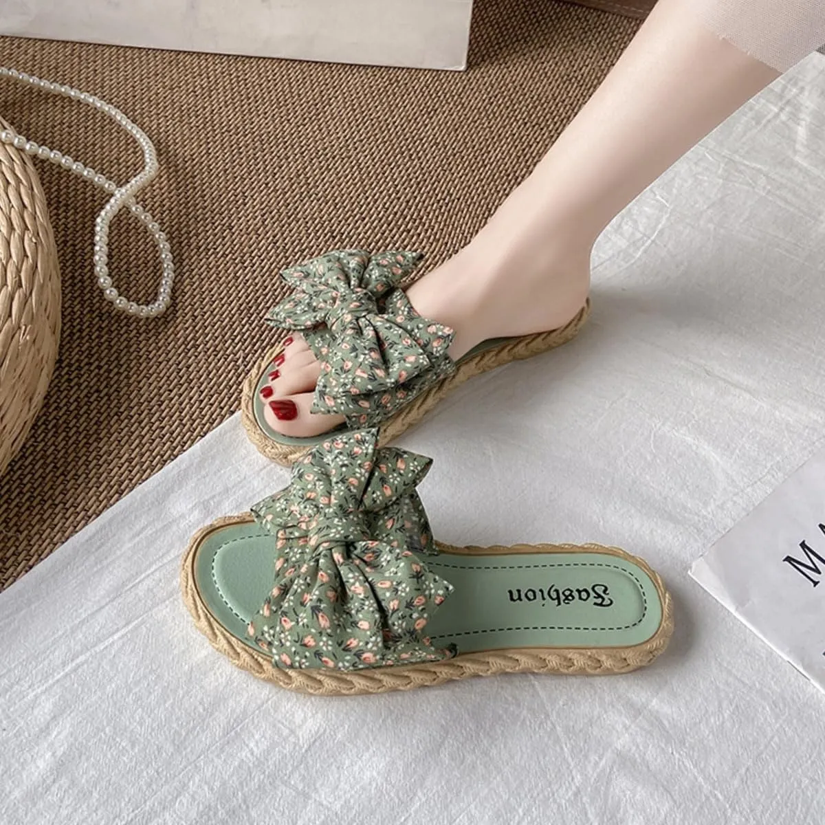 Women's Open Toe Slide Slippers with Cute Bow, Slip-on House Shoes, Summer Linen Slippers with Rubber Sole