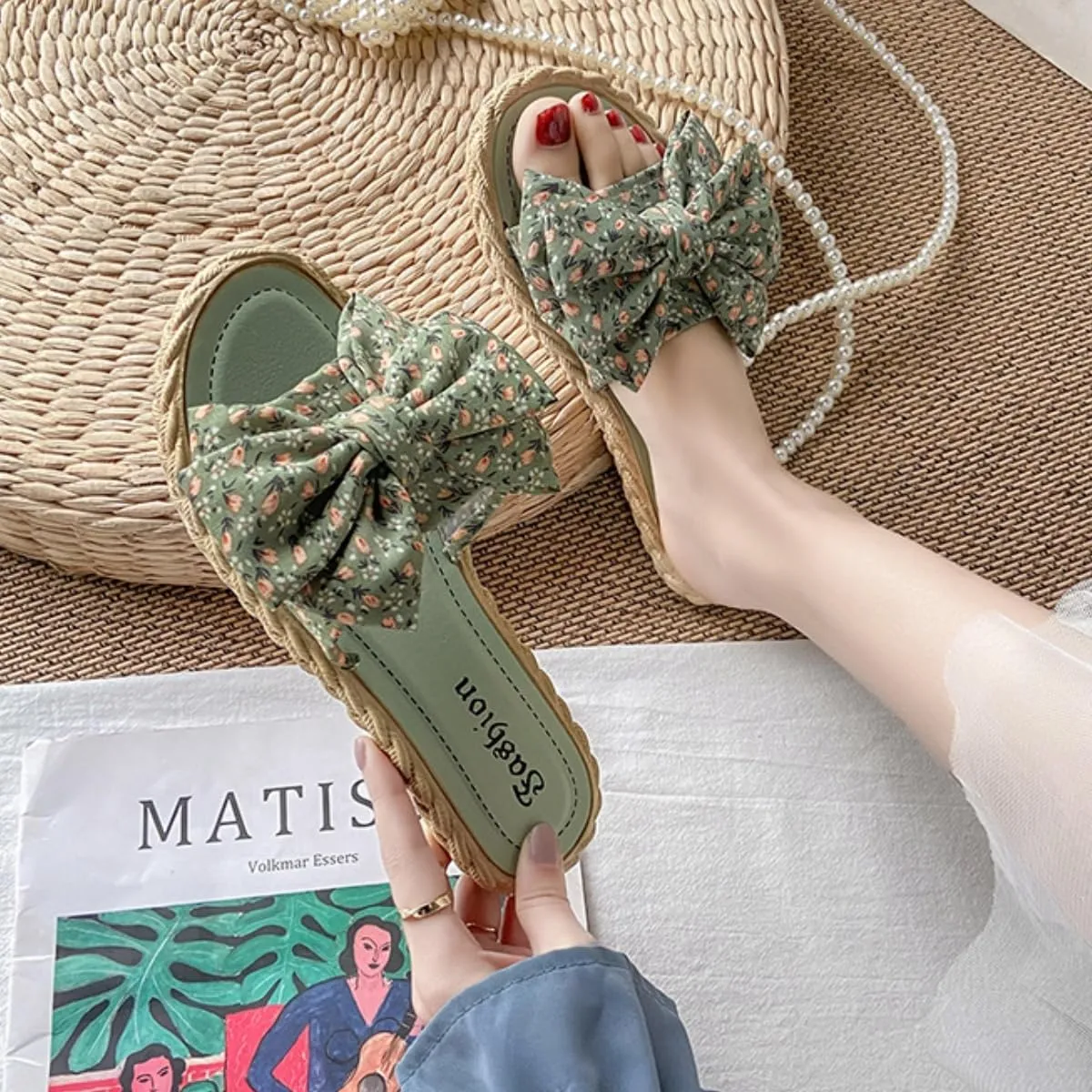 Women's Open Toe Slide Slippers with Cute Bow, Slip-on House Shoes, Summer Linen Slippers with Rubber Sole