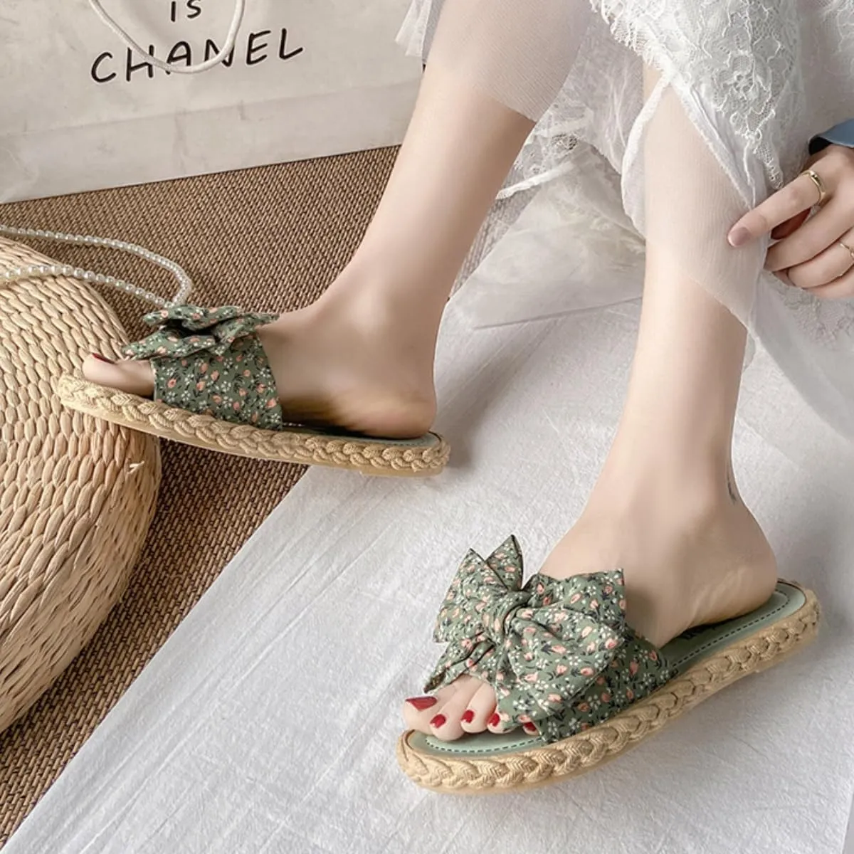 Women's Open Toe Slide Slippers with Cute Bow, Slip-on House Shoes, Summer Linen Slippers with Rubber Sole