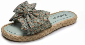 Women's Open Toe Slide Slippers with Cute Bow, Slip-on House Shoes, Summer Linen Slippers with Rubber Sole