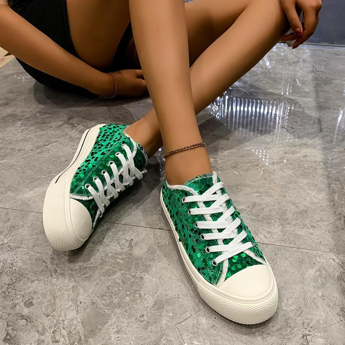 Women's Platform Sneakers – Lightweight Lace-Up Canvas Sneakers with Sequin Embellishment, Anti-Slip Sole & Wear-Resistant Design for Casual & Fall Fashion