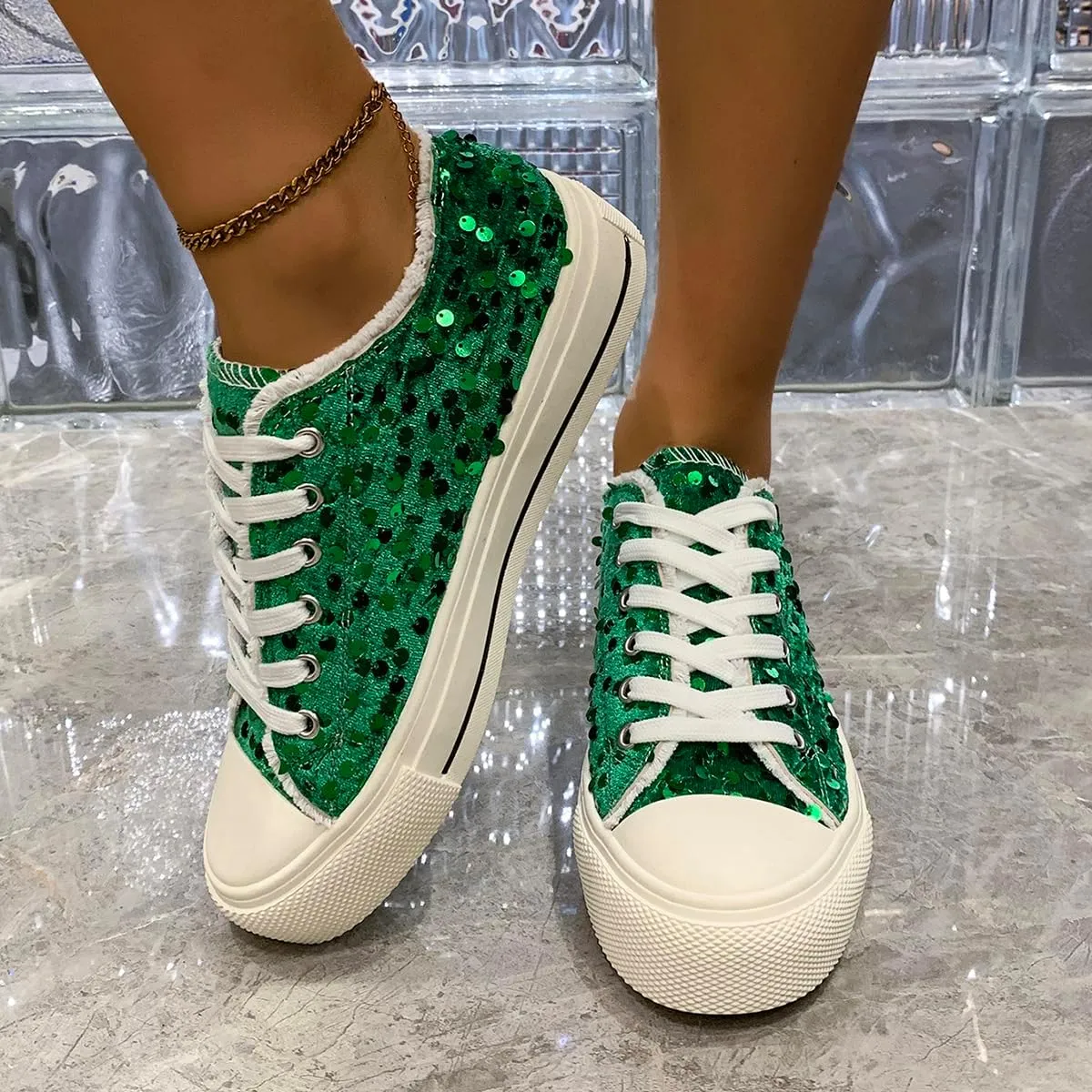 Women's Platform Sneakers – Lightweight Lace-Up Canvas Sneakers with Sequin Embellishment, Anti-Slip Sole & Wear-Resistant Design for Casual & Fall Fashion