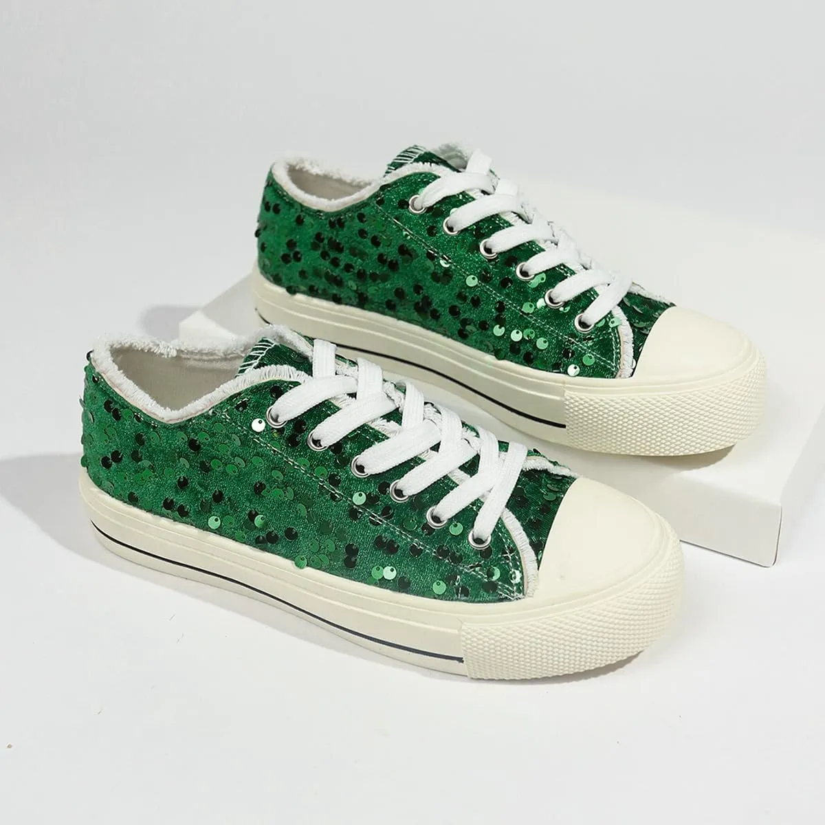 Women's Platform Sneakers – Lightweight Lace-Up Canvas Sneakers with Sequin Embellishment, Anti-Slip Sole & Wear-Resistant Design for Casual & Fall Fashion