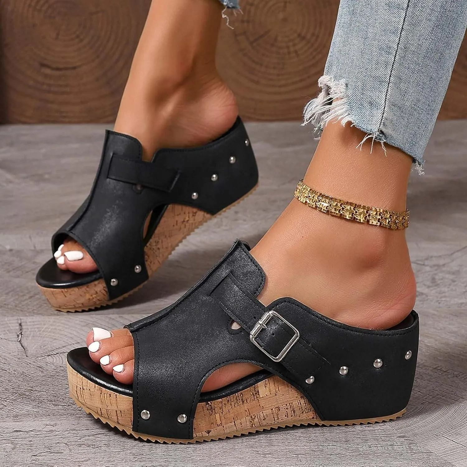 Women's Platform Wedge Sandals Open Toe Slip On Slides Cork Heeled Cutout Comfortable Slide Sandals Casual Dressy Summer Shoes