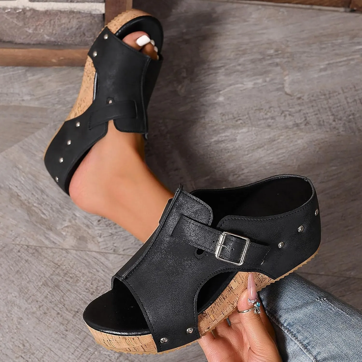Women's Platform Wedge Sandals Open Toe Slip On Slides Cork Heeled Cutout Comfortable Slide Sandals Casual Dressy Summer Shoes
