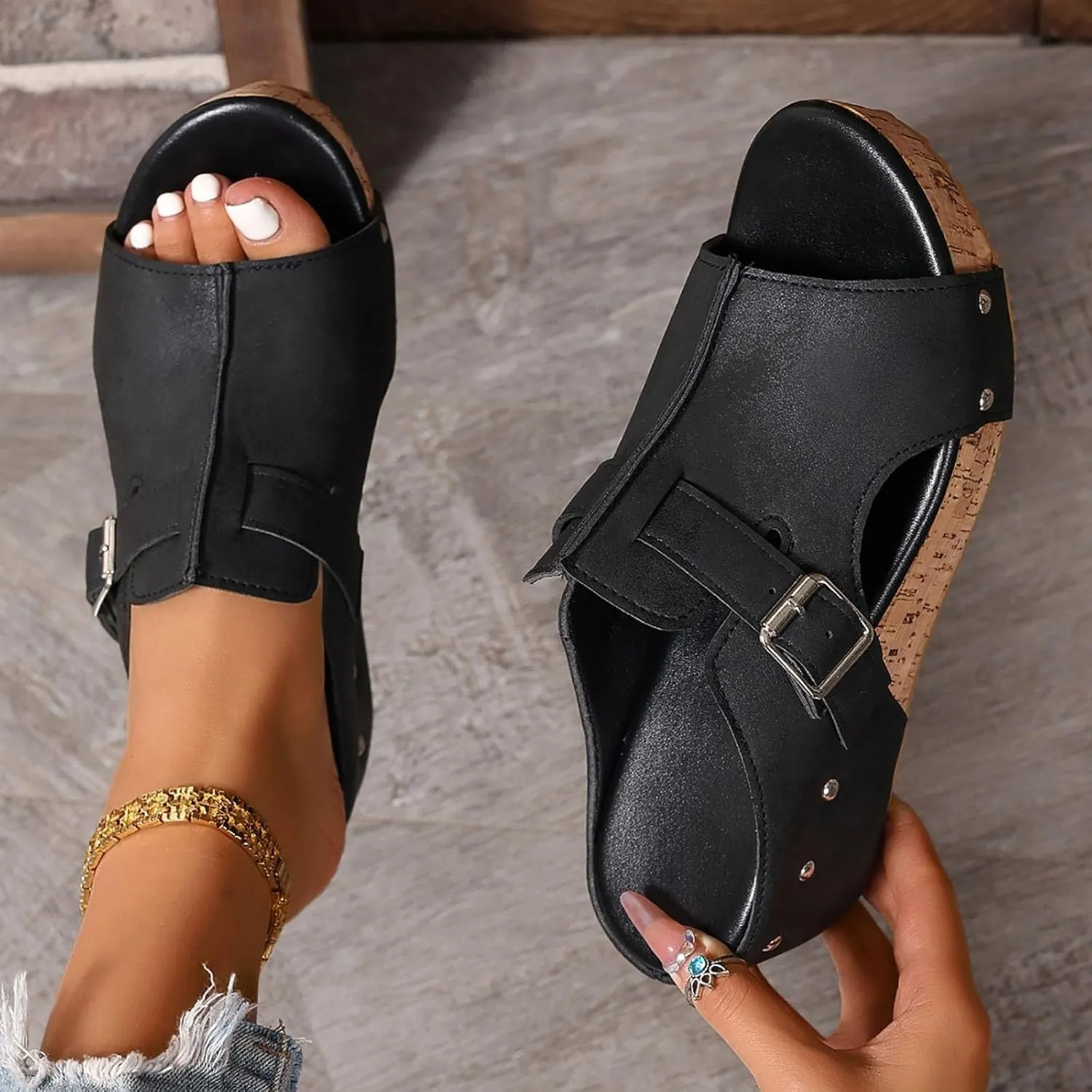 Women's Platform Wedge Sandals Open Toe Slip On Slides Cork Heeled Cutout Comfortable Slide Sandals Casual Dressy Summer Shoes
