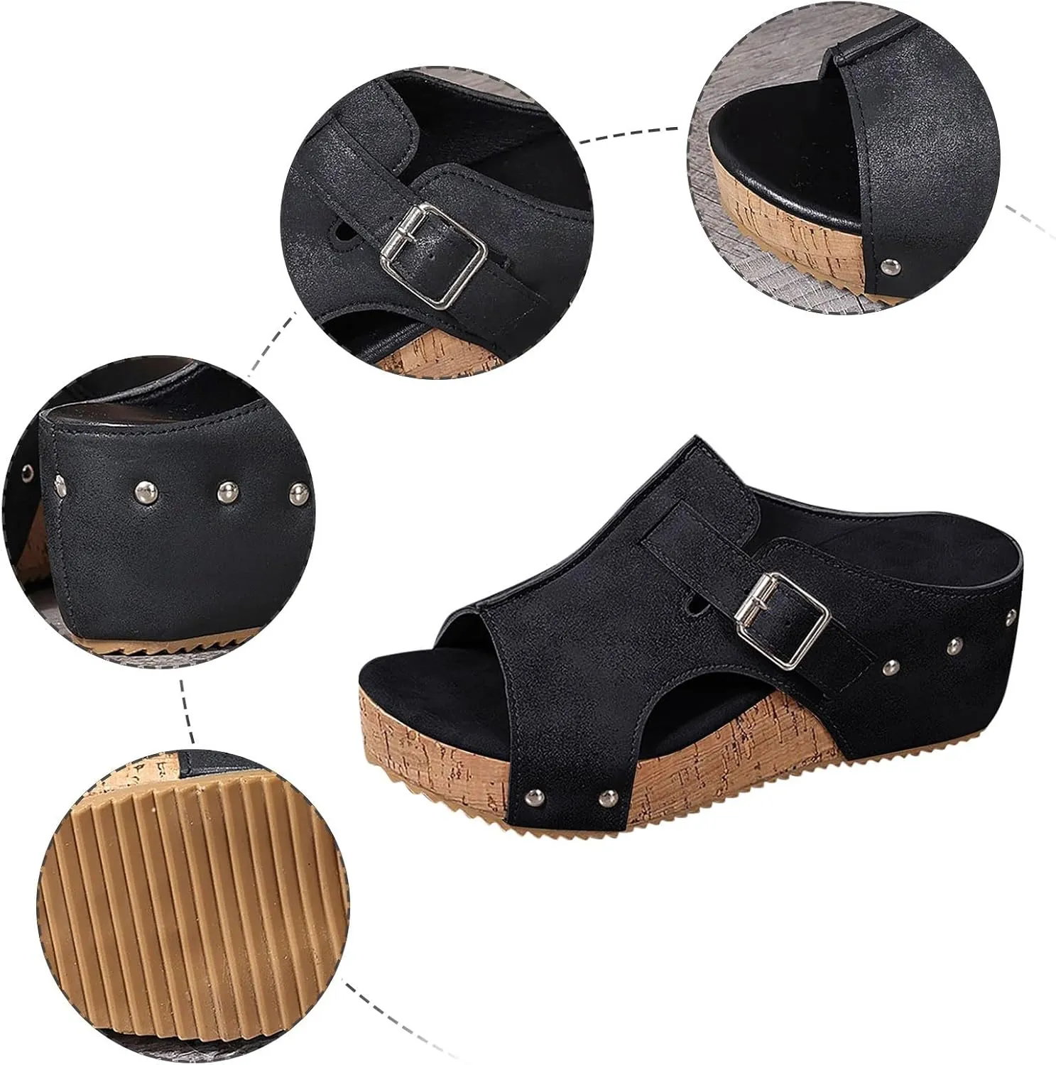 Women's Platform Wedge Sandals Open Toe Slip On Slides Cork Heeled Cutout Comfortable Slide Sandals Casual Dressy Summer Shoes
