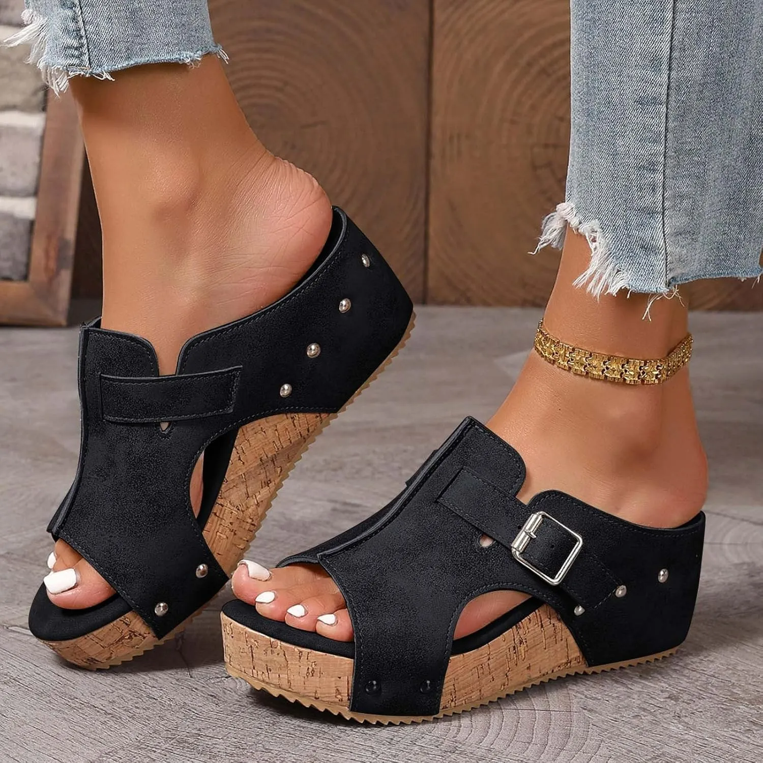Women's Platform Wedge Sandals Open Toe Slip On Slides Cork Heeled Cutout Comfortable Slide Sandals Casual Dressy Summer Shoes