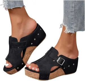 Women's Platform Wedge Sandals Open Toe Slip On Slides Cork Heeled Cutout Comfortable Slide Sandals Casual Dressy Summer Shoes