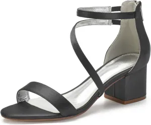 Women's Satin Block Heels Wedding Sandals Ankle Strap Comfortable Bridal Shoes Formal Evening Prom Party Shoes