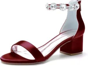 Women's Satin Wedding Shoes for Bride Block Heels Crystal Bridal Shoes Low Heels Prom Shoes 702-26