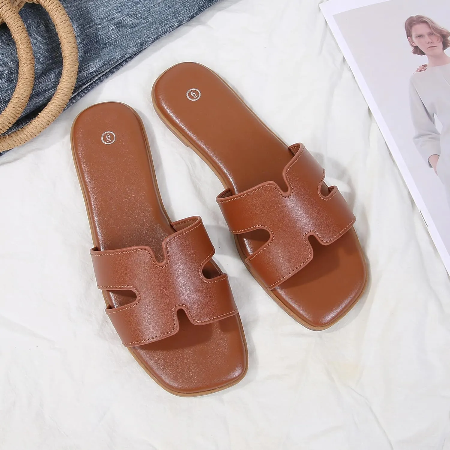 Women's Slide Sandals Comfortable Flat Slip On Leather Sandals