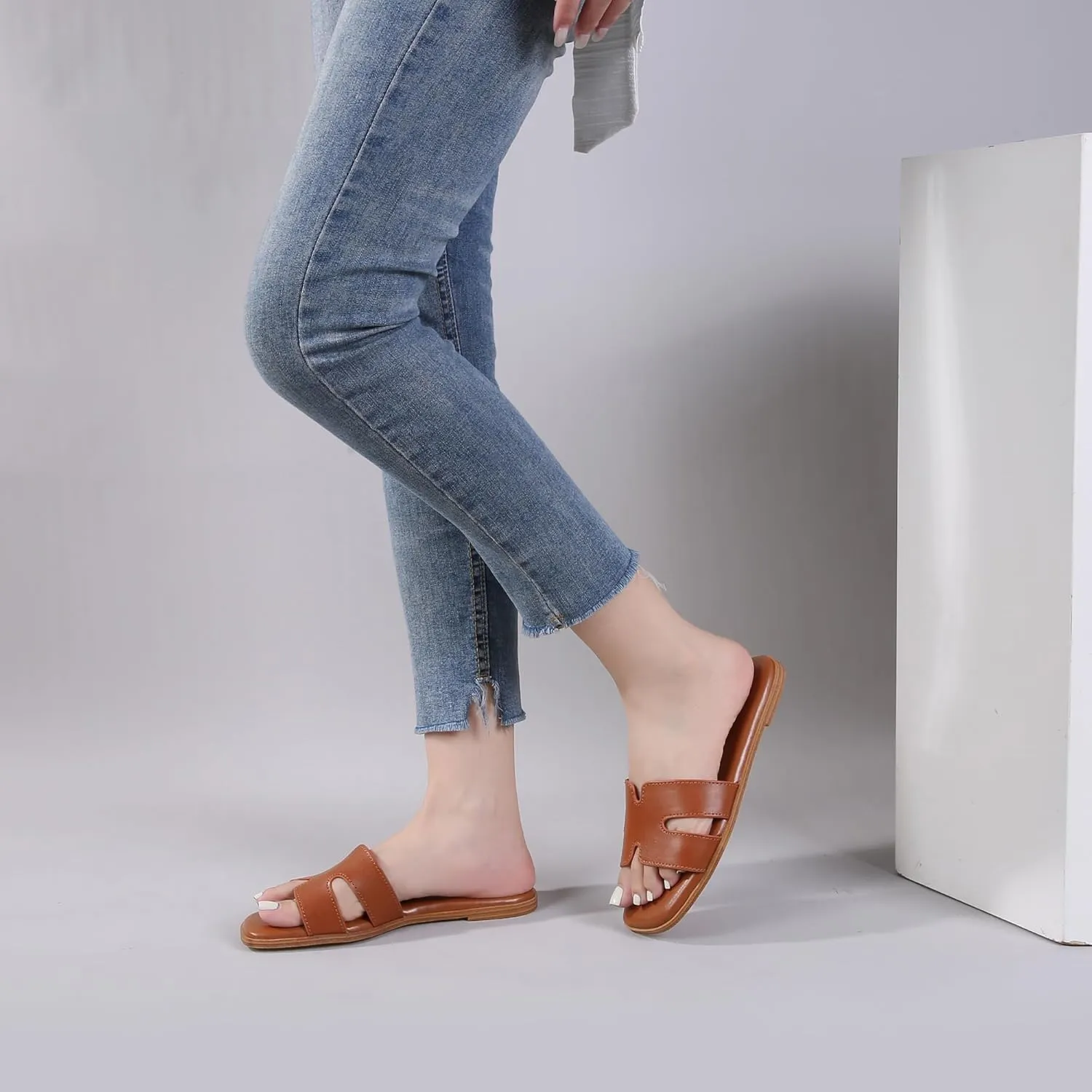 Women's Slide Sandals Comfortable Flat Slip On Leather Sandals