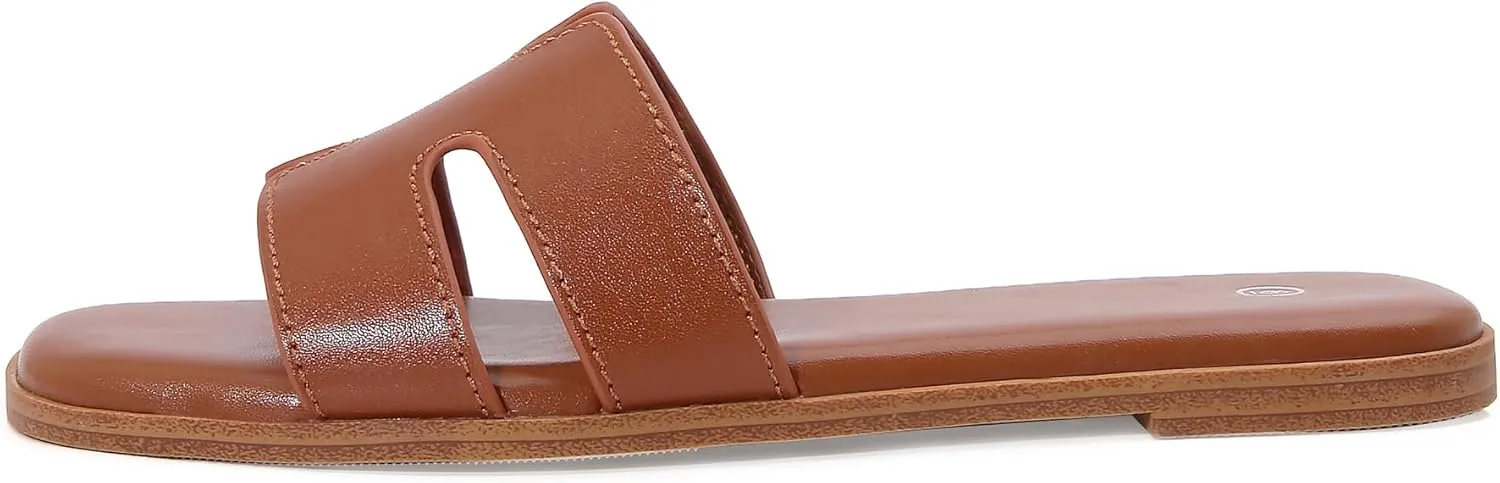 Women's Slide Sandals Comfortable Flat Slip On Leather Sandals