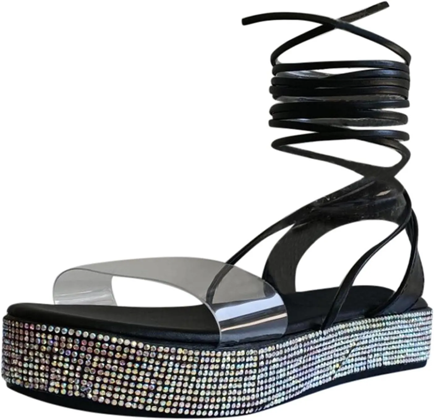 Womens Sparkly Rhinestone Platform Sandals Summer Casual Clear Strap Open Toe Cross Strappy Lace Up Sandals Comfy Outdoor Beach Shoes Slipper