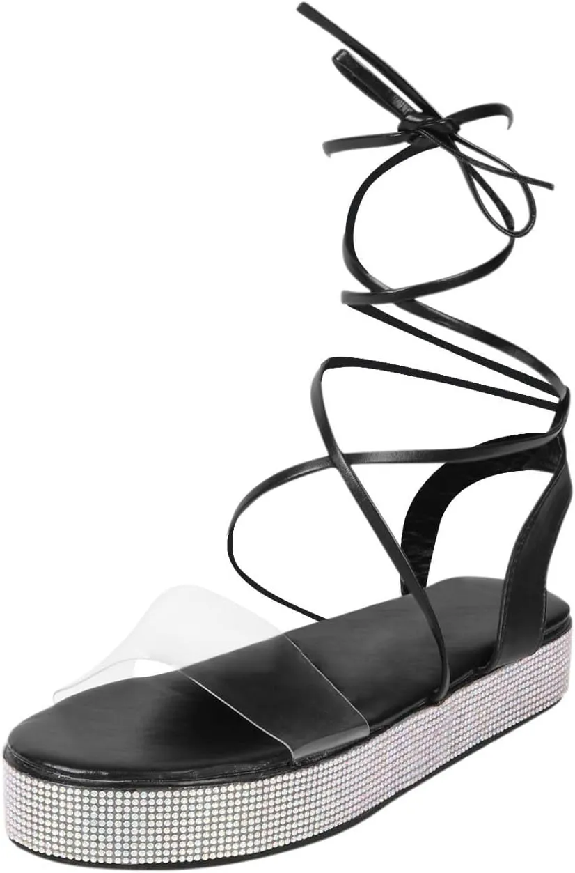 Womens Sparkly Rhinestone Platform Sandals Summer Casual Clear Strap Open Toe Cross Strappy Lace Up Sandals Comfy Outdoor Beach Shoes Slipper