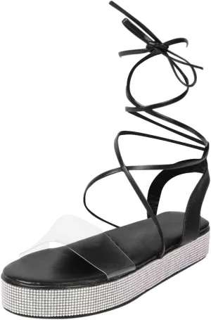 Womens Sparkly Rhinestone Platform Sandals Summer Casual Clear Strap Open Toe Cross Strappy Lace Up Sandals Comfy Outdoor Beach Shoes Slipper
