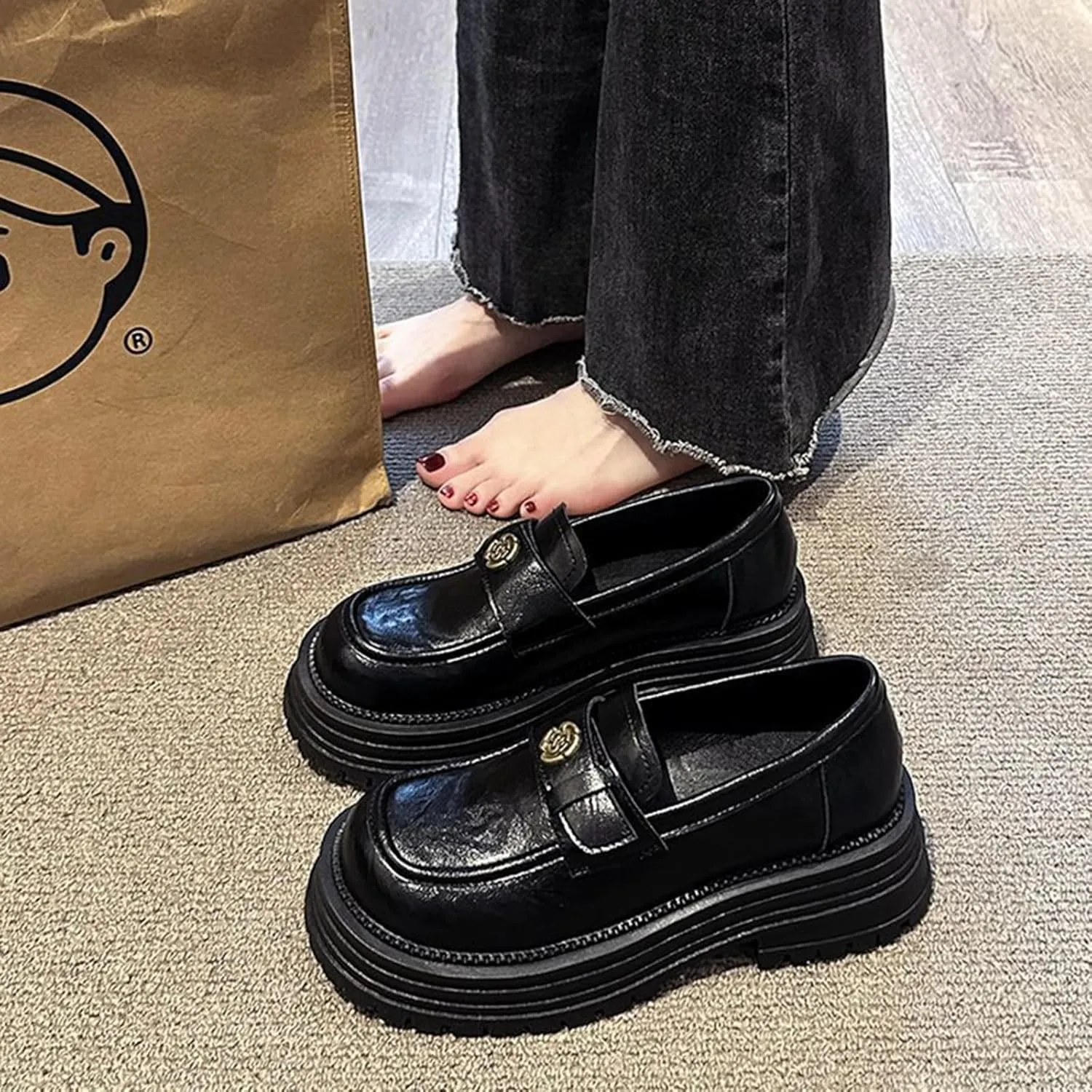 Women's Spring Vintage Platform Slip-On Loafers - Stylish Thick-Soled Leather Shoes in Collection for A Retro Look