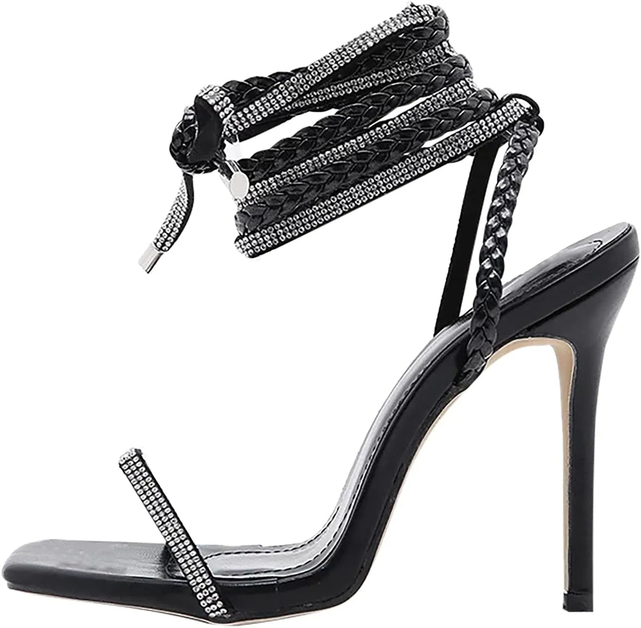 Womens Strappy Knee Length Stilettos Sandals,Sexy Square Toe Rhinestone Cross Strap Lace Up Thin High Heels Summer Open Toe Elegant Casual Shoes