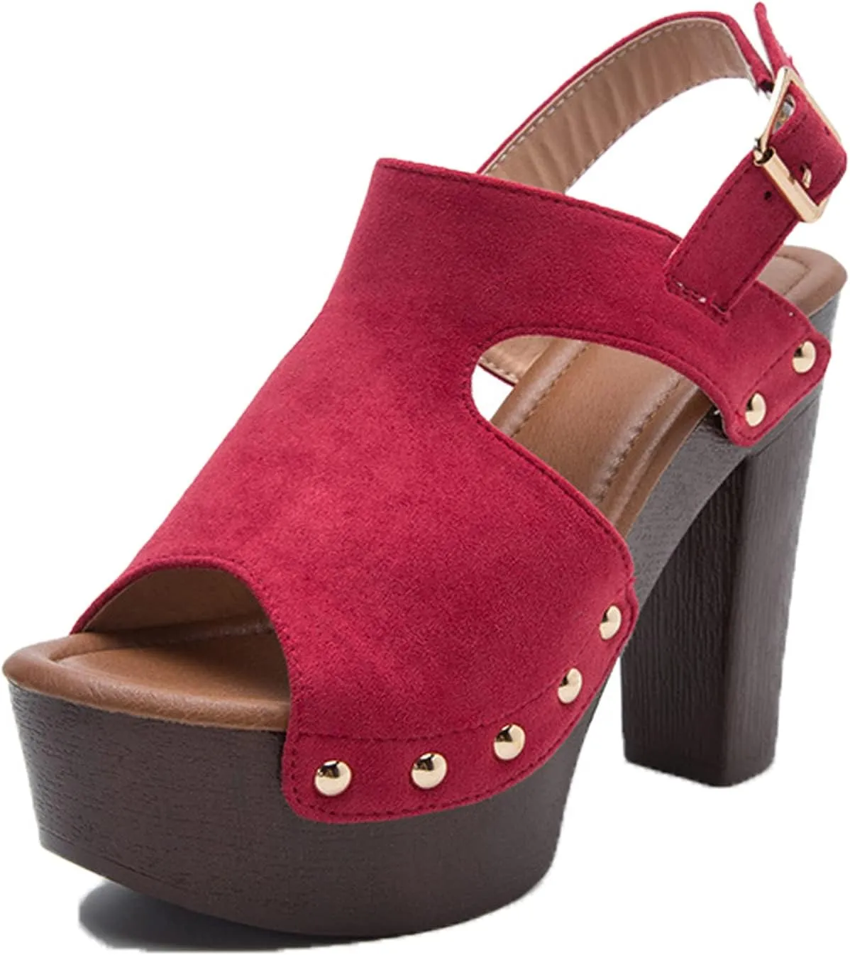 Women's Suede Studded Platform High Heel Sandals with Buckle Ankle Strap, Stylish and Comfortable Roman Block Heel Sandals