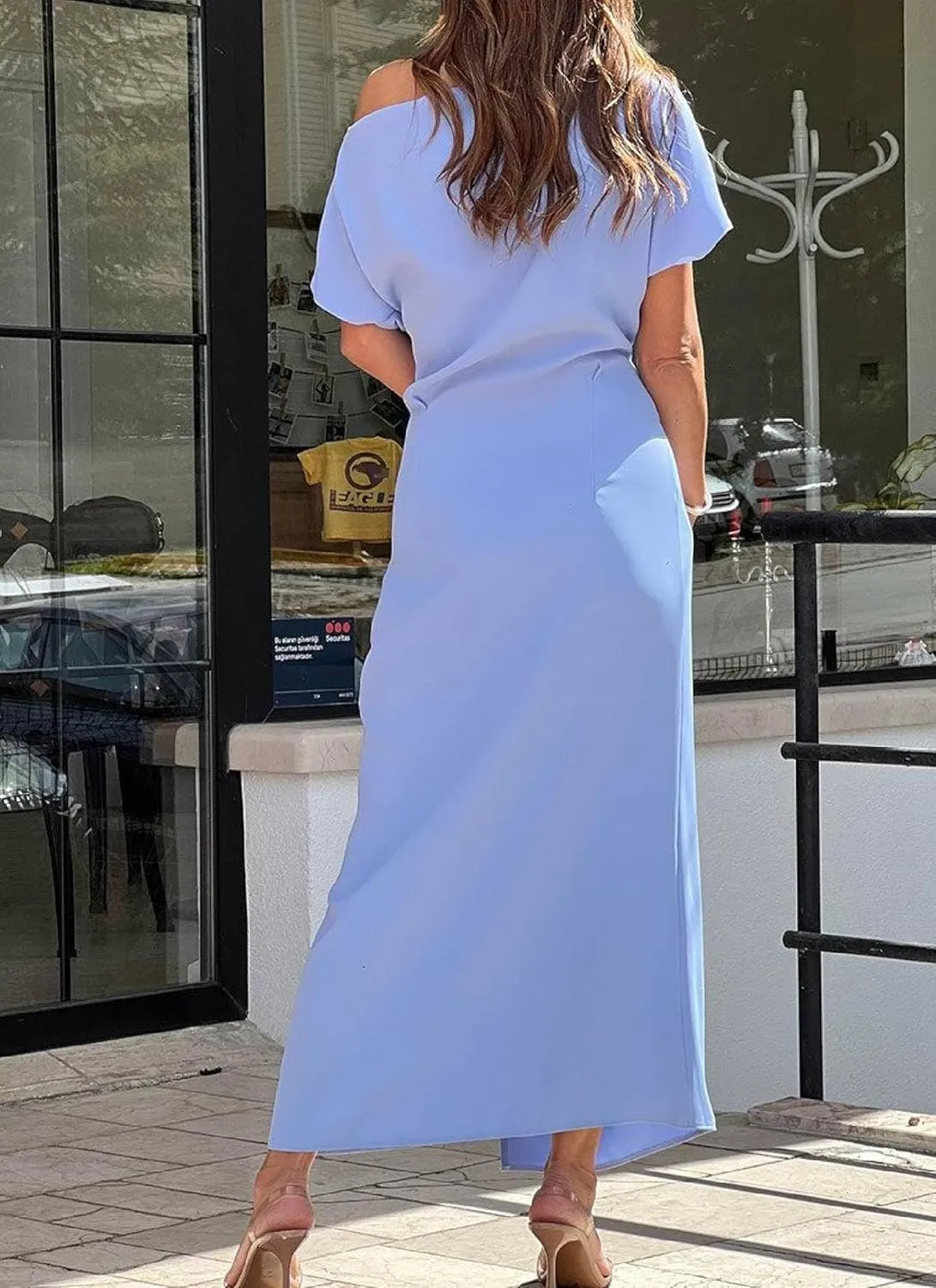 Womens Summer Light Blue Midi Dress Dressy Casual Off Shoulder Short Sleeve Ruched Bodycon Slit Hem Party Cocktail Dress